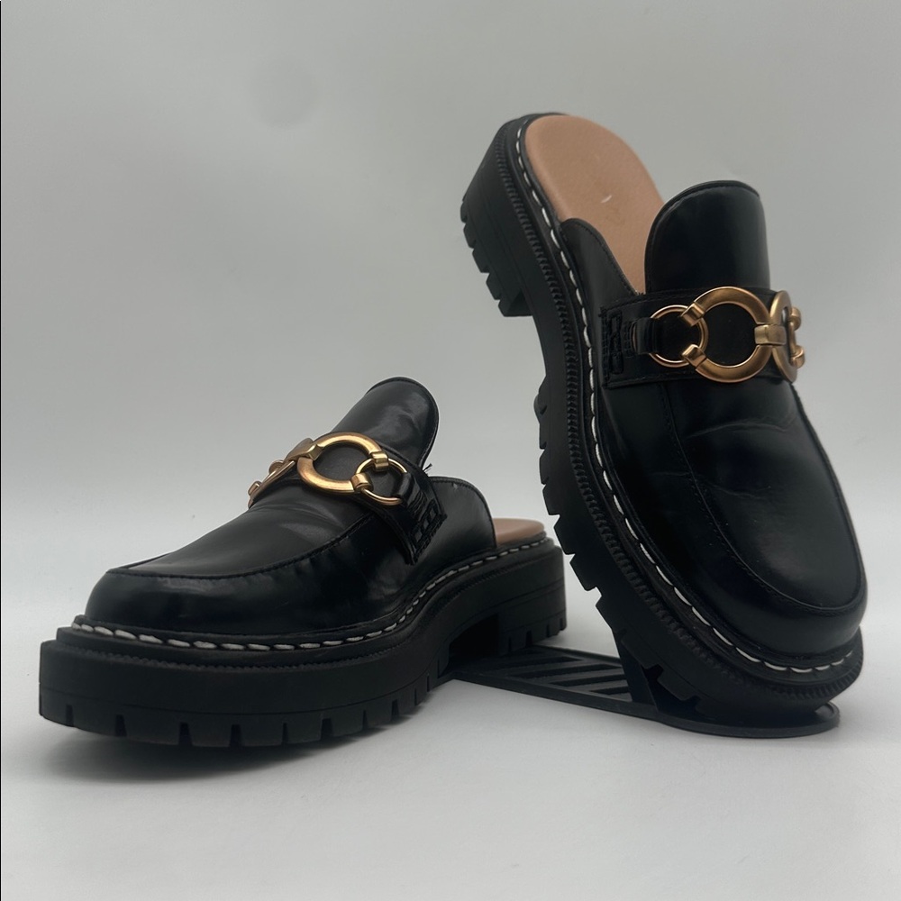 Black Leather Slip-On Mule Loafers with Gold Chain Detail - Picture 3 of 16